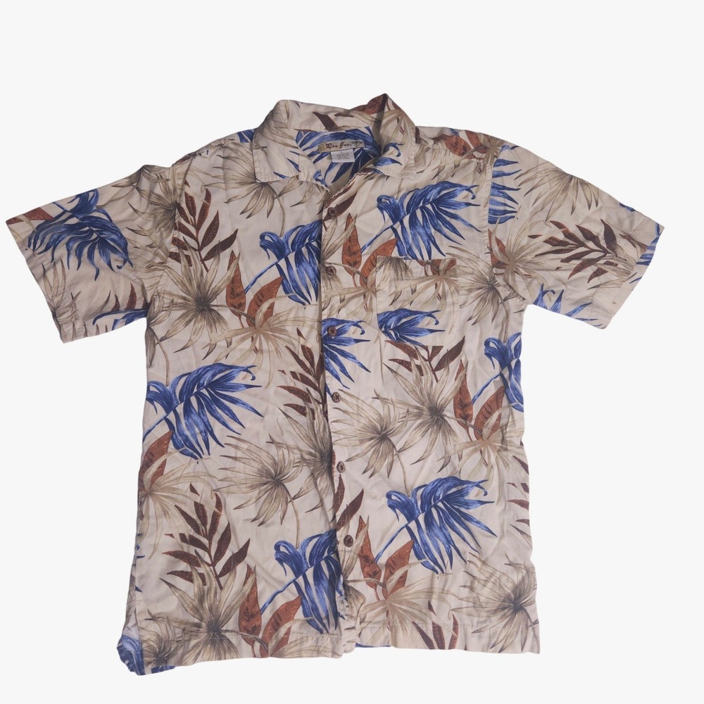 Ron Jon Surf Shop Mens Large Tropical Palm Leaf Button Down Shirt Blue Tan Rayon